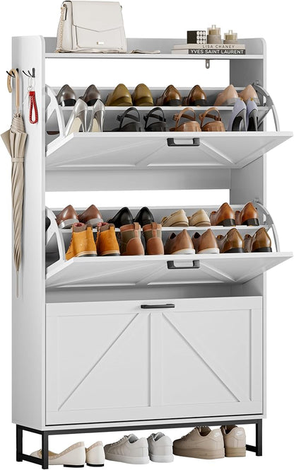 Shoe Cabinet Storage for Entryway, Shoe Storage Cabinet with 3 Flip Drawers, Freestanding Narrow Shoe Rack Organizer with Metal Legs & Side Hook for Foyer, Hallway, White