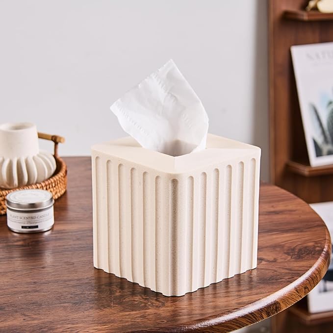 Striped White Sandstone Tissue Box Cover Square for Home Decor,Resin Heavy Tissue Box Holder for Bathroom Countertop,Tabletop,Bedside Table,Office (Handmade of Resin)