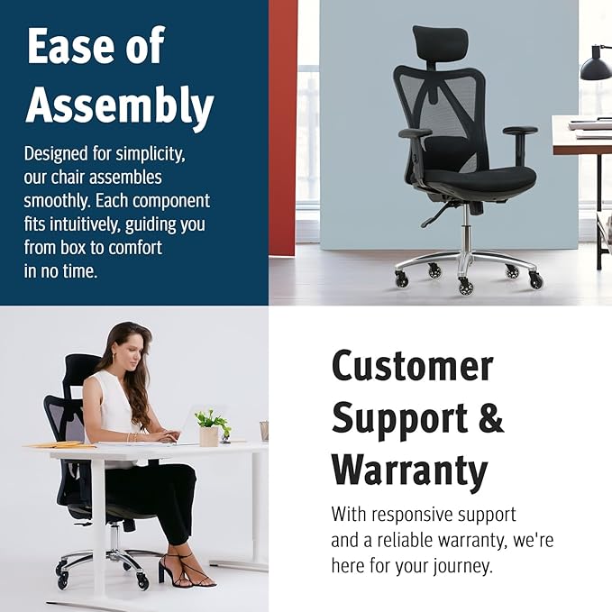 Ergonomic Office Chair - Adjustable Desk Chair with Lumbar Support and Rollerblade Wheels - High Back Chairs with Breathable Mesh - Thick Seat Cushion, Head, and Arm Rests - Reclines (Black)
