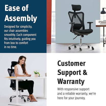 Ergonomic Office Chair - Adjustable Desk Chair with Lumbar Support and Rollerblade Wheels - High Back Chairs with Breathable Mesh - Thick Seat Cushion, Head, and Arm Rests - Reclines (Black)