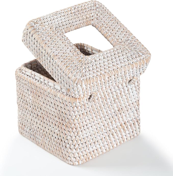 Rattan Square Tissue Box Cover, 5.7" x 5.7" x 5", Decorative Woven Facial Tissue Holder with Hinged Top Lid, Whitewash