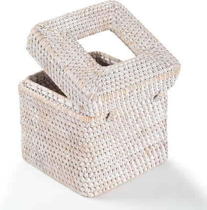 Rattan Square Tissue Box Cover, 5.7" x 5.7" x 5", Decorative Woven Facial Tissue Holder with Hinged Top Lid, Whitewash