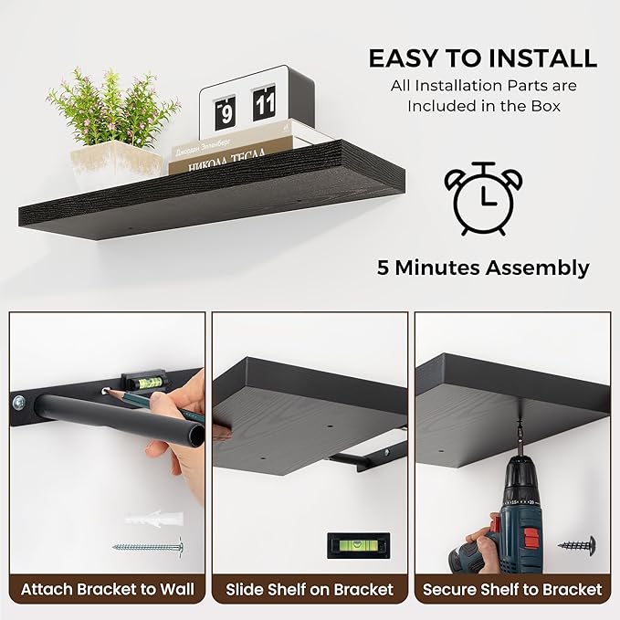 Dreamland 55 Inches Floating Shelves for Wall, 9.8" Deep Long Floating Shelves Set of 1, Large Display & Storage Shelf, Wall Shelf for Bathroom Bedroom Living Room Kitchen Office, Black