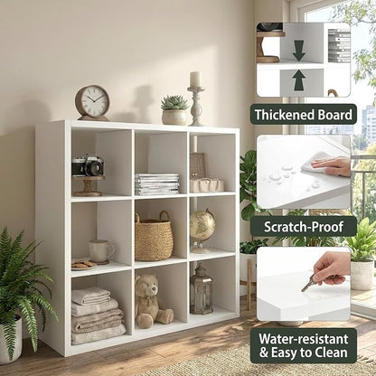 WannabeMyself【2026 Wooden Thick Frame】 9 Cube Storage Organizer with Anti-Tipping Kits, Reversible Open Back Book Shelf,Bookcase for Living Room,Bedroom,Entrance Hall,Office,11.6×36.3×36.3,White