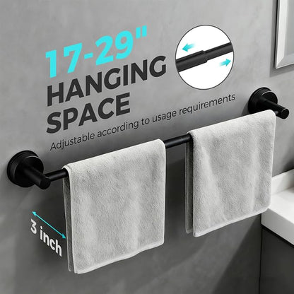 Adjustable Suction Cup Towel Bar for Bathroom Wall,17 Inch~29 Inch Towel Racks for Bathroom,Stainless Steel Bath Towel Holder for Shower(Matte Black)