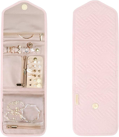 BAGSMART Travel Jewelry Organizer Case Foldable Jewelry Roll for Journey Rings, Necklaces, Earrings, Bracelets,Mini,Light Pink