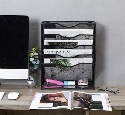 EasyPAG 5 Tier Wall File Holder Mesh Hanging Folder Organizer with Classify Label, Versatile Desk File Holder, Vertical Wall Mounted Mail Organizer for Office Home Cubicle, Black, Closed Sides