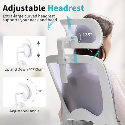 Ergonomic Office Chair,Mesh Office Chair with Lumbar Support,High Back Desk Chair with Flip-up Arms,400 lbs Big and Tall Computer Chair with Headrest,Comfy Desk Chairs (Lavender)