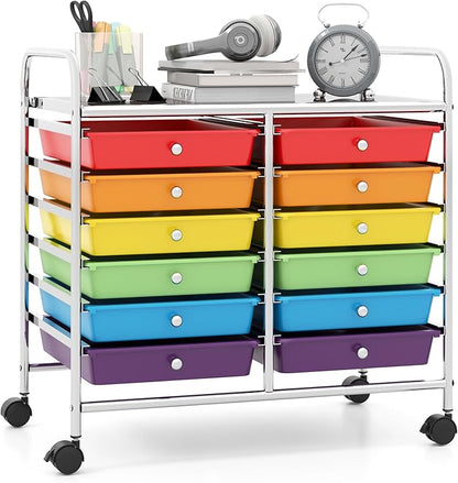 Giantex 12 Drawers Rolling Cart, Mobile Storage Drawer Cart, Classroom Organizer Cart for Office School Supplies Tools Scrapbook Paper Craft Small Printer, Utility Cart on Wheels, Multicolor