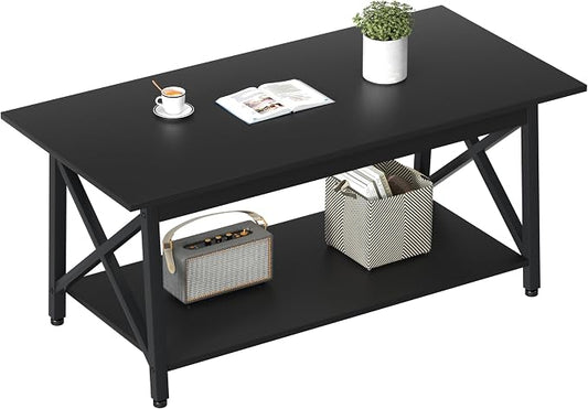 GreenForest Coffee Table with Storage, 43 inch Large Modern Coffee Tables for Living Room, X-Frame Design Farmhouse Coffee Table Space Saving Living Room Tables, Easy Assembly, Black