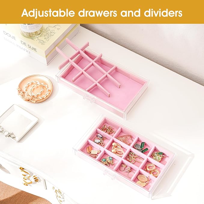 ProCase Earring Holder Organizer Jewelry Box with 8 Drawers, Acrylic Clear Earring Case with Adjustable Velvet Trays for Women - Pink, 8 Layers