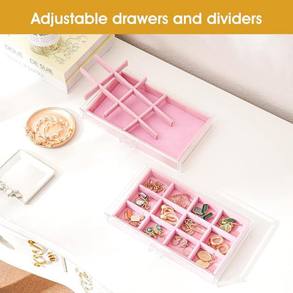 ProCase Earring Holder Organizer Jewelry Box with 8 Drawers, Acrylic Clear Earring Case with Adjustable Velvet Trays for Women - Pink, 8 Layers