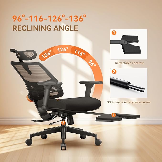 Newtral Ergonomic Mesh Office Chair with with Adaptive Lumbar Support, High Back Desk Computer Chair with 4D Adjustable Armrest, 136° Tilt Lock, Adjustable Seat Depth & Height(with Laptop Tray, Black)