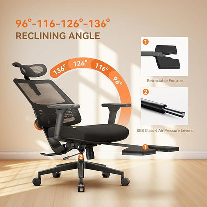 Newtral Ergonomic Mesh Office Chair with with Adaptive Lumbar Support, High Back Desk Computer Chair with 4D Adjustable Armrest, 136° Tilt Lock, Adjustable Seat Depth & Height(with Laptop Tray, Black)