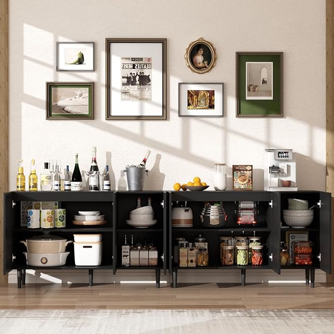 Storage Cabinet, 94.4" Freestanding Buffet Cabinet with 6 DIY Doors and Adjustable Shelf,Modern Sideboard Coffee Bar with Solid Wood Feet for Living Room,Dining Room,Kitchen,Black,Set of 2