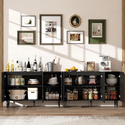 Storage Cabinet, 94.4" Freestanding Buffet Cabinet with 6 DIY Doors and Adjustable Shelf,Modern Sideboard Coffee Bar with Solid Wood Feet for Living Room,Dining Room,Kitchen,Black,Set of 2