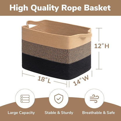 Goodpick Large Woven Basket 18" x 14" x 12" Cotton Rope Storage Baskets for Organizing, Rectangle Wicker Laundry Basket with Handles, Toy Baskets for Kids, Black & Jute