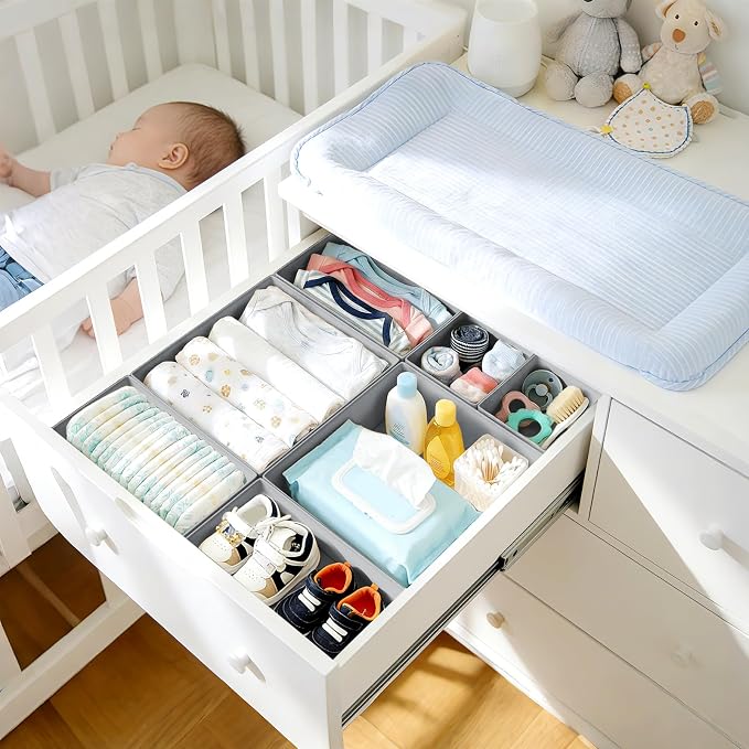 DIMJ Drawer Organizer Clothes, 28 Pack Dresser Organizer, Foldable Closet Organizers and Storage, Fabric Dresser Bins, Drawer Dividers for Nursery, Baby Clothes, Underwears, Sock,White