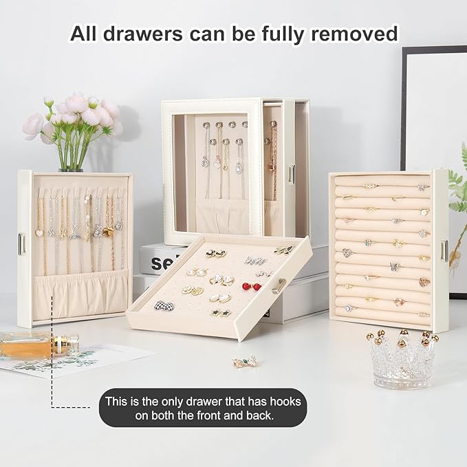DesignSter Jewelry Box Organizer, Jewelry Box for Women, PU Jewelry Organizer Display Case with Side Drawers, Jewelry Storage for Earring Necklace Ring Bracelet Watch