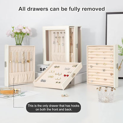 DesignSter Jewelry Box Organizer, Jewelry Box for Women, PU Jewelry Organizer Display Case with Side Drawers, Jewelry Storage for Earring Necklace Ring Bracelet Watch