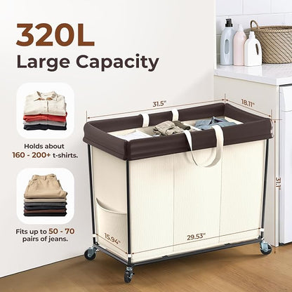 Mefirt 320L Laundry Hamper with Wheels, 3 Section Large Rolling Laundry Basket Bag with Wheels, Clothes Hamper Cart for Laundry, Bedroom, Bathroom and Dorm