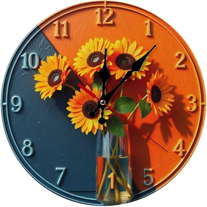 Wall Clock， Sunflower Modern Non Ticking Wall Clocks Battery Operated， Orange and Blue Wooden Wall Clocks for Kitchen， Living Room， Bedroom， Office， Bathroom Decorative 25 * 25cm