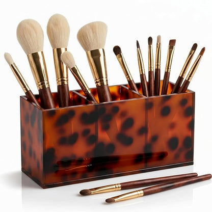 Novabright Acrylic Tortoise Tray Makeup Brush Organizer Tortoise Shell Acrylic Pen Holder Pencil Organizer Clear Cosmetic Brushes Storage with 3 Slots