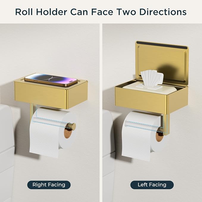 FORIOUS Toilet Paper Holder with Shelf, Sanitary Napkin Receptacle Tampon Holder, Wall Mount Toilet Paper Holder with Storage, Flushable Wipes Dispenser Fits for Bathroom Commercial(1, Brushed Gold)