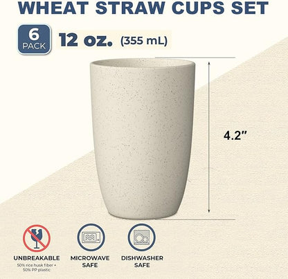 Wrova Wheat Straw Cups 6 PCS Good Alternative to Plastic Reusable Cups 12 oz Unbreakable Drinking Cup Reusable Dishwasher Safe Water Plastic Glasses Beige