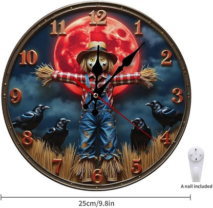 Wall Clock, Spooky Scarecrow Non Ticking Wall Clocks Battery Operated, Brown Wooden Wall Clocks for Living Room, Kitchen, Study Room Decorative 10 Inch