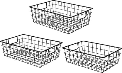 Wetheny 3 Pack Extra Large Wire Basket with Metal Handles, Metal Basket for organizers and storage, Wire Storage Baskets for Pantry, Cabinet, Fridge, Kitchen, Wardrobe, Garage, Bathroom, Black