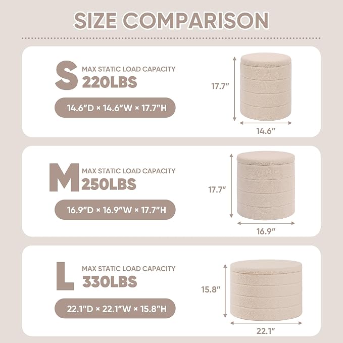 PINPLUS Round Ottoman with Stroage, Boucle Storage, Foot Stool Foldable Coffee Table Ottoman for Living Room, Bedroom, Dorm (Beige)