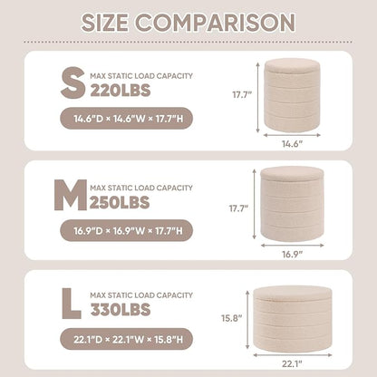 PINPLUS Round Ottoman with Stroage, Boucle Storage, Foot Stool Foldable Coffee Table Ottoman for Living Room, Bedroom, Dorm (Beige)