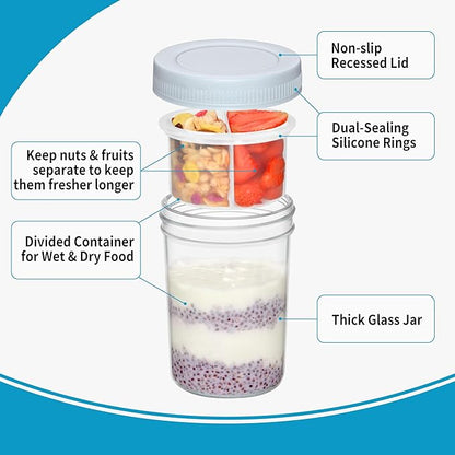 Xyptorix 16 oz Overnight Oats Containers with Airtight Lids - 4-Pack Leak-Proof Wide Mouth Mason Jars & Divided Cups for Dried and Wet Foods, Glass Jars for Chia Pudding, Salad, Snacks, and Yogurt