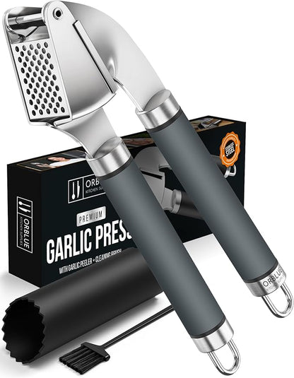 ORBLUE Garlic Press and Peeler Set, Stainless Steel - Professional Grade Mincer, Crusher - Dishwasher Safe & Rust-proof, Gray