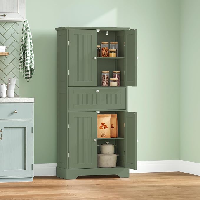ChooChoo 51" H Tall Bathroom Floor Cabinet, Modern Bathroom Storage Cabinet with Drawer and Adjustable Shelves, Freestanding Kitchen Pantry Cupboard with 4 Doors for Living Room, Green