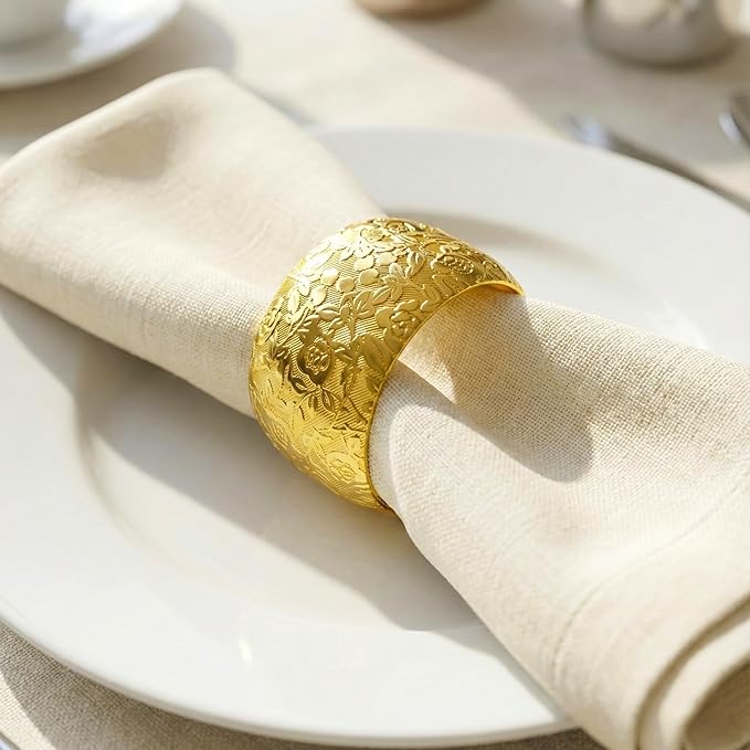 Gold Napkin Rings Set of 12,Gold Metal Napkin Holder for Table,Embossed Floral Pattern,Metal Serviette Rings for Dining Table Setting, Holiday Parties, Banquets & Gift Idea (12PCS)
