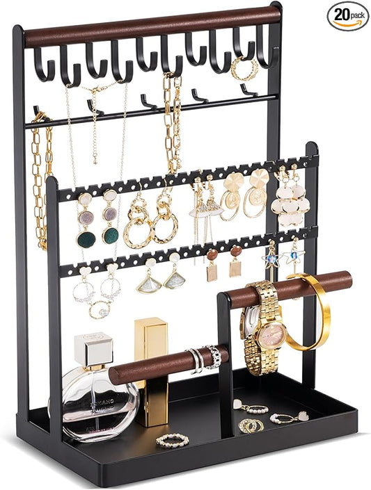 ProCase Jewelry Organizer Stand Necklace Organizer Earring Holder, 6 Tier Jewelry Stand Necklace Holder with 15 Hooks, Jewelry Tower Display Rack Storage Tree for Bracelets Earrings Rings -Black