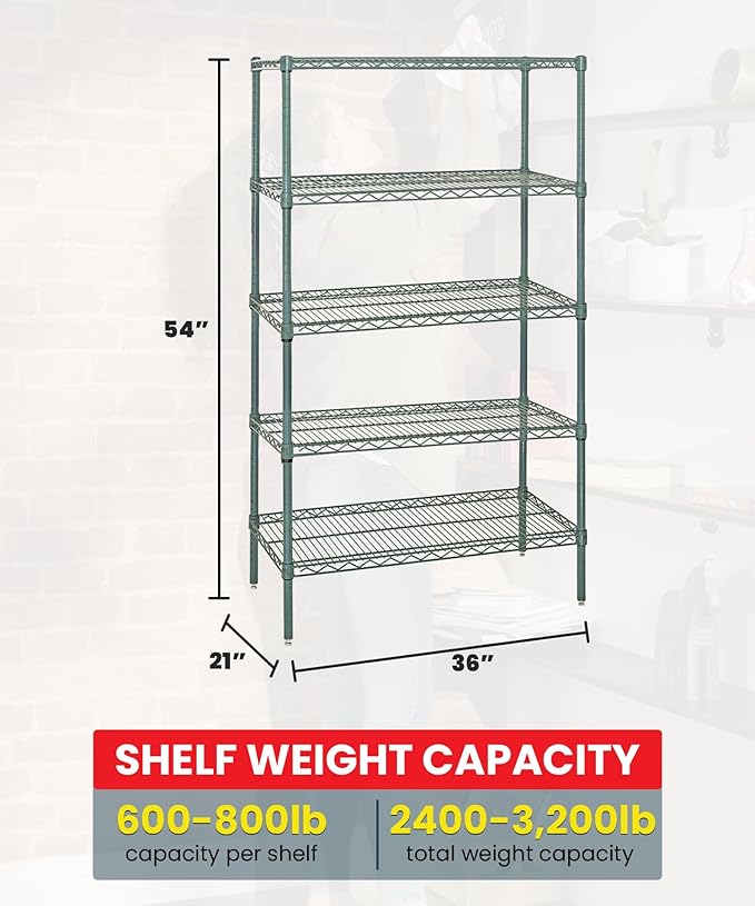 Quantum Storage Systems WR54-2136P-5 Starter Kit Wire Shelves Green Epoxy 5 Shelves 54" H x 36" W x 21" D