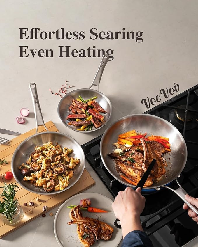 Stainless Steel Skillet, PFOA & PTFE Free 12 Inch Tri-Ply Chef's Pan, Dishwasher & Oven Safe Cookware, Compatible with Induction, Ceramic & Gas Cooktops