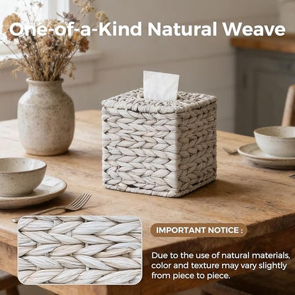 Tissue Box Cover, Square Wicker Tissue Box Holder Facial Tissues Boxes, Hand Woven Napkin Box Tissue Holder for Bathroom Bedroom Office Table Desk Night Stand, Boho Decorative, White