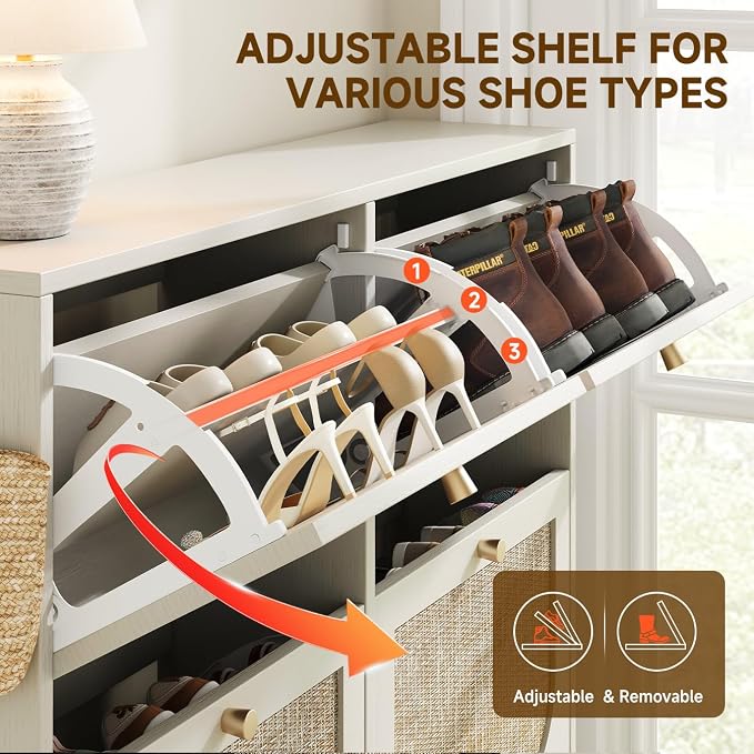 Nicetree Shoe Storage Cabinet for Entryway, 9.5" Ultra Slim White Hidden Shoe Rack with 4 Flip Drawers, Boho Teslin Woven Shoe Organizer for Men's Size 13.5 Boots
