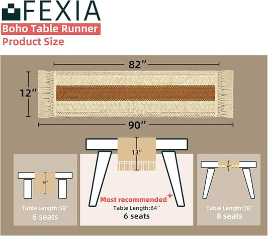 FEXIA Table Runner 90 Inch Thanksgiving Decor with Tassels for Boho Macrame Farmhouse Style, Party Wedding Bridal Shower Decor, Brown (12x90 Inches)