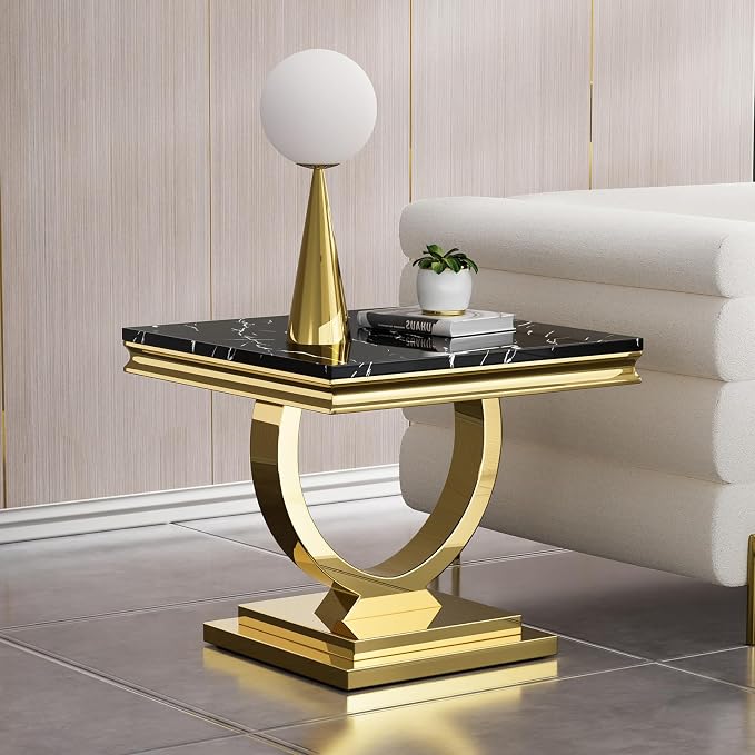 3 Piece Living Room Table Set Include 1 Faux Marble Coffee Table & 1 End Table & 1 Console Table, Modern Black Gold Coffee Table Set of 3 with Double O Shape Stainless Steel Pedestal Base