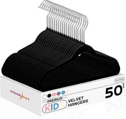 HOUSE DAY 14 Inch Kids Velvet Hangers 50 Pack, Durable Big Kid Hangers for Youth, Teen, Non Slip Kids Felt Hanger, Cute Childrens Hanger for Closet, Black