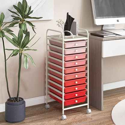 RELAX4LIFE Craft Organizers and Storage Cart - Rolling Cart with 10 Drawers, Lockable Casters for Tools, Trolley Cart with Wheels, Utility Cart for School, Home Office, Craft Cart (Gradient Pink)