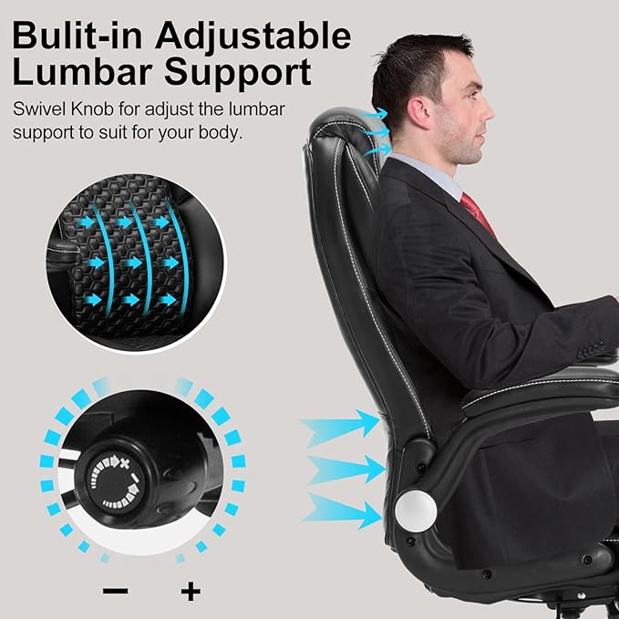 Big and Tall Office Chair, Executive Comeputer Desk Chair Ergonomic Home Office Chair with Adjustable Lumbar Support, Tilt Lock, PU Leather, Swivel Rolling Chair (PU-Black)