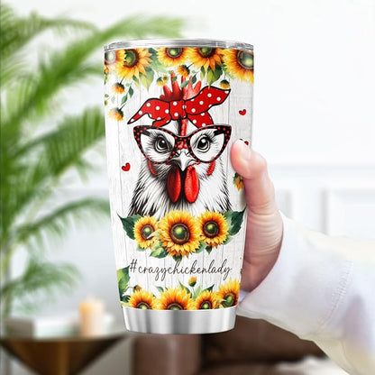 Crazy Chicken Lady Gift for Women, Funny Sunflower Chicken Cup 20oz Stainless Steel Insulated Tumbler, Rustic Farm Style Travel Mug for Chicken Lovers, Backyard Farmers, Mom or Wife