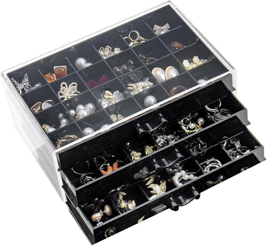 YUFONG Earring Storage Box Organizer 3 Drawers Acrylic Jewelry Storage Box Holder Transparent Jewelry Display Stand with 72 Small Compartments Gift for Women Girls (Black)