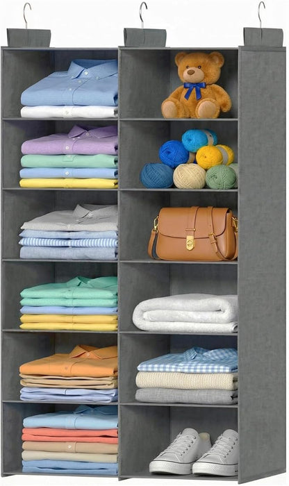 Space-Saving Hanging Closet Storage Organizer – Dual-Row Foldable Shelves with 3 Hooks, 6-Tier Wardrobe Organizer for Dorm, Bedroom, Closet (Grey) | Storage, 12 Pockets, 3 Sturdy Hooks, Dorm Room Essentials